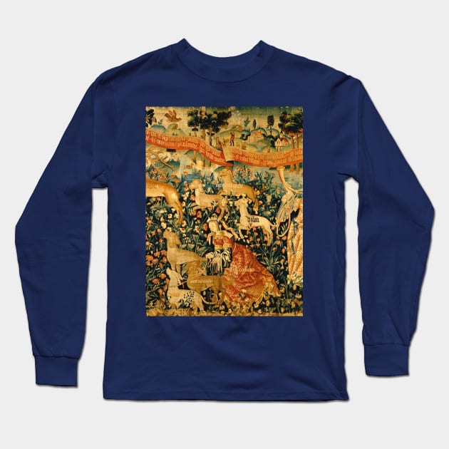 MEDIEVAL DEER HUNTING SCENE WITH LADIES AND DOGS Antique Flemish Tapestry Long Sleeve T-Shirt by BulganLumini